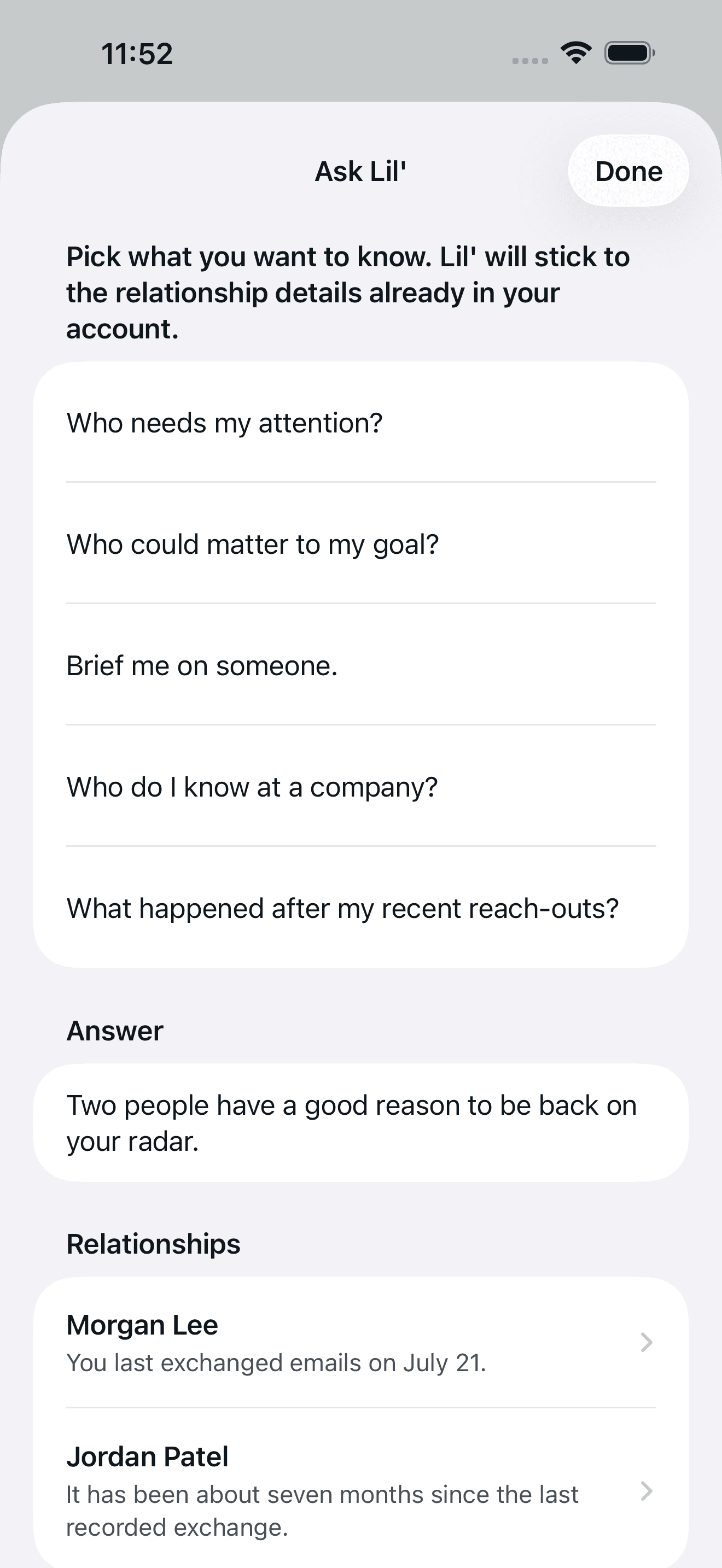 Ask Lil view with example relationship data