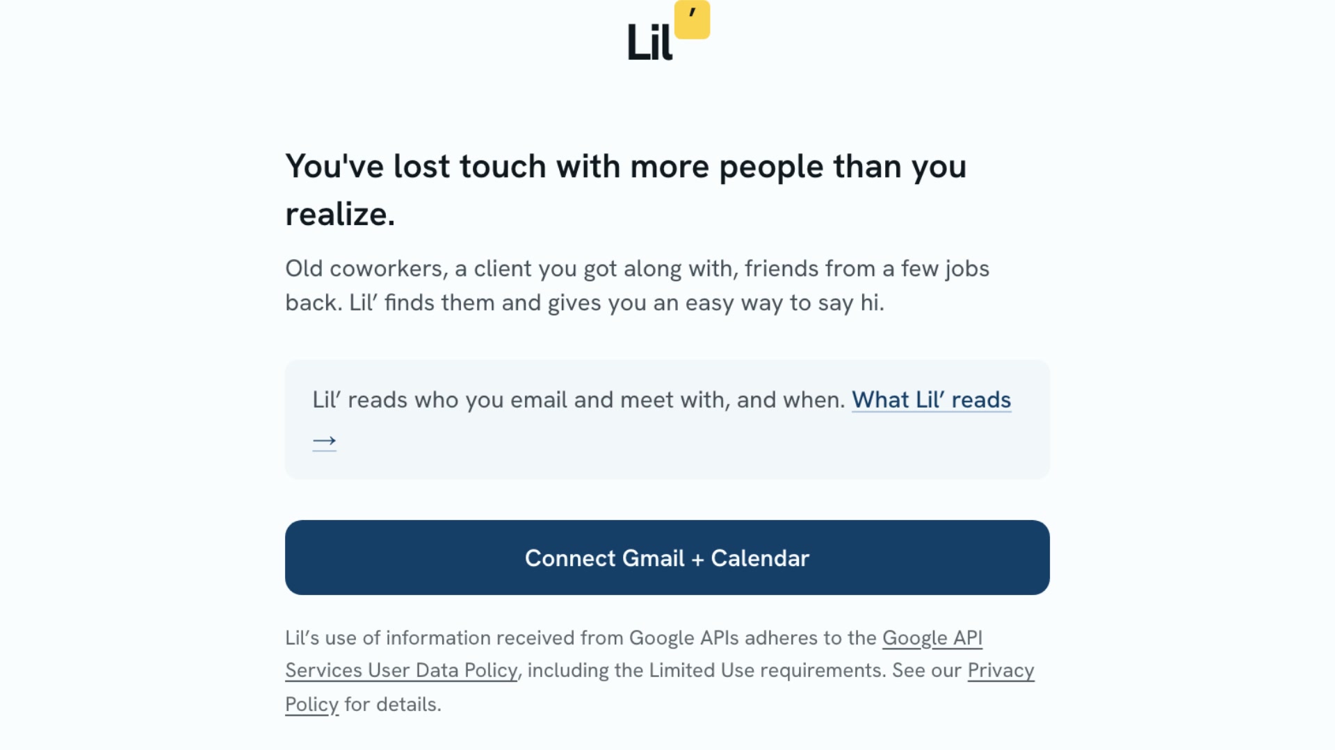 The connect screen: one button, Connect Gmail + Calendar